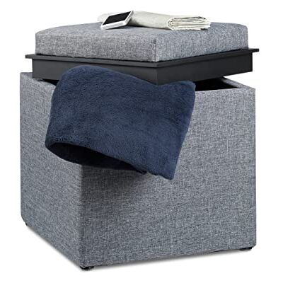 Relaxdays poef met opbergruimte, HxBxD: 42 x 40,5 x 40,5 cm, donkergrijs opbergbak, linnen look, stof Relaxdays poef met opbergruimte, HxBxD: 42 x 40,5 x 40,5 cm, donkergrijs opbergbak, linnen look, stof