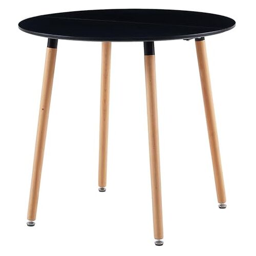 JAZZLYN Eettafel, rond, klein, conferentietafel, poten van massief hout, 80 cm, zwart