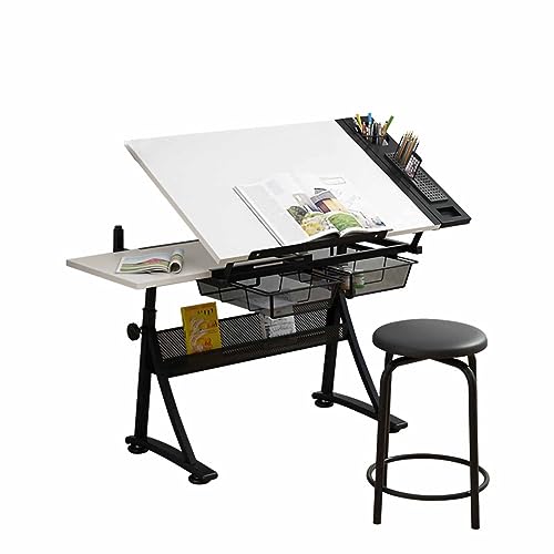 ZERVA Tekenbureau met laden, multifunctioneel kunststudiebureau, verstelbaar vouwbord, kunstwerkstation, tekenbureau, schetswerkstation (wit bureau)