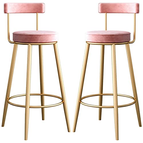 SIBEG Metalen barkruk set van 2, fluwelen rugleuning stoel met ijzeren voetsteun, huismeubilair keukens eetkamer balie recepties kruk (maat: 65 cm, kleur: roze)