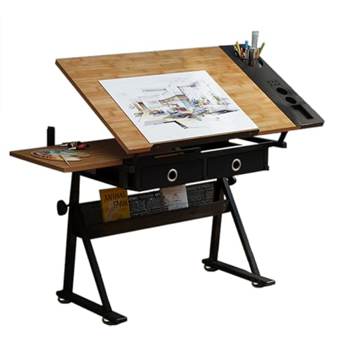 oiakus In hoogte verstelbare tekentafel, tekentafel van bamboe/hout, 8 snelheden, hoekverstelling, met opslag en laden, kunstbureau voor tekenen, schilderen, werk, studie