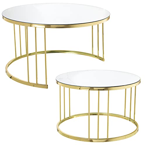 DRW Set van 2 ronde metalen en spiegeltafels, 90 x 50 cm en 72 x 45 cm