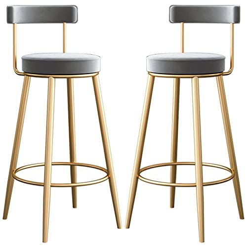 SIBEG Metalen barkruk set van 2, fluwelen rugleuning stoel met ijzeren voetsteun, huismeubilair keukens eetkamer balie recepties kruk (maat: 65 cm, kleur: grijs)