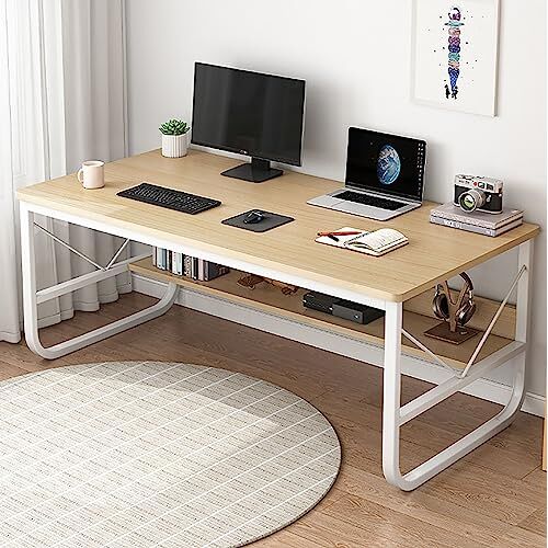 KAYEF Computerbureau met planken Executive bureau Bureau Moderne eenvoudige werktafel met boekenplank PC-werktafel Werkstation voor thuiskantoor (100 x 60 x 73 cm, eiken)