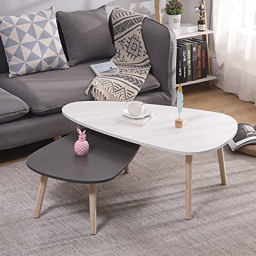 THINFAR Salontafels, salontafels, set van 2, ovale salontafel met massief houten poten, salontafel in Scandinavische stijl, wit + grijs (98 x 61 x 39 cm en 88 x 48 x 33 cm)