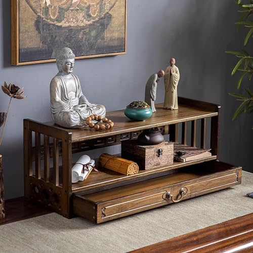Gvqng Altar Meditation Table, Bamboo Spiritual Altar Table, Relax Buddhist Table Tea Table with Drawer Storage, for Prayers Divination Worship Personal Spiritual Space,Walnut,42cm