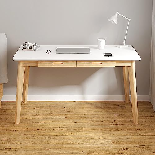 BOKNI Houten bureau met 2 lades, thuiskantoorwerkstation, eenvoudig computerbureau, pc-werktafel, stevige werktafel voor slaapkamer en kantoor (120 x 55 x 72 cm, wit)