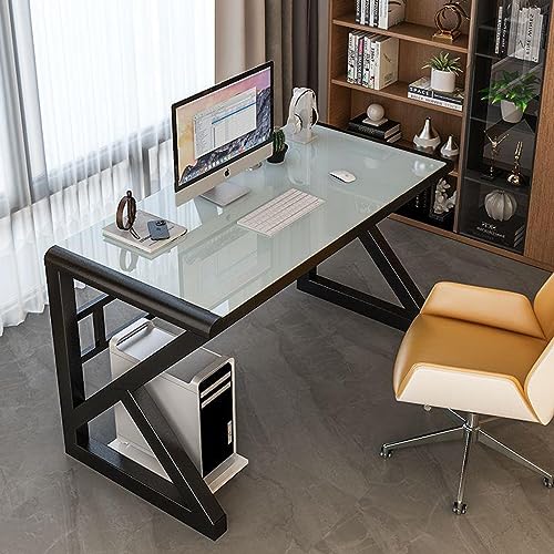 ZXFDMSWJ Moderne en eenvoudige werktafel, werktafel van gehard glas, computerbureau, thuiskantoor, werkstation (39 inch, wit + zwart frame)