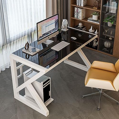 ZXFDMSWJ Moderne en eenvoudige werktafel, werktafel van gehard glas, computerbureau, thuiskantoor, werkstation (39 inch, zwart + wit frame)