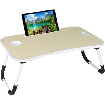 BAKAJI Bedtafel, dienblad voor ontbijtbank, tafel voor tablet, notebook, pc, frame van metaal, inklapbaar, muziekstandaard van hout, afmetingen 60 x 40 x 26 cm, essenhout (wit) BAKAJI Bedtafel, dienblad voor ontbijtbank, tafel voor tablet, notebook, pc, frame van metaal, inklapbaar, muziekstandaard van hout, afmetingen 60 x 40 x 26 cm, essenhout (wit)