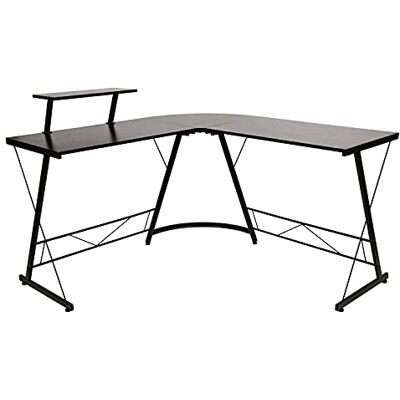 Flash Furniture Hoekbureau zwart/zwart ruimtebesparend L-vormig gamingbureau met monitorplank 72' 2-laags computerbureau, thuiskantoor hoekbureau, eenvoudig te monteren Flash Furniture Hoekbureau zwart/zwart ruimtebesparend L-vormig gamingbureau met monitorplank 72' 2-laags computerbureau, thuiskantoor hoekbureau, eenvoudig te monteren
