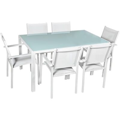 DRW Eettafelset en 6 stoelen van aluminium textiel, wit, 150 x 90 x 74 cm DRW Eettafelset en 6 stoelen van aluminium textiel, wit, 150 x 90 x 74 cm