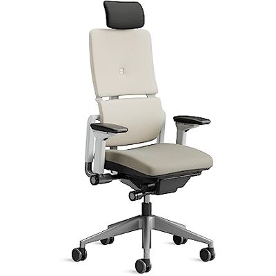 Steelcase Please ergonomische in hoogte verstelbare bureaustoel met verstelbare lendensteun en armleuningen, hoge rugleuning, comfortabele bekleding in beige/grijze stof met verstelbare hoofdsteun Steelcase Please ergonomische in hoogte verstelbare bureaustoel met verstelbare lendensteun en armleuningen, hoge rugleuning, comfortabele bekleding in beige/grijze stof met verstelbare hoofdsteun