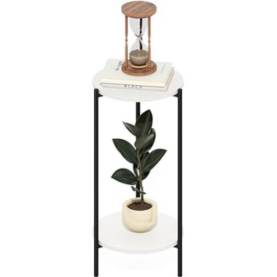 Furinno Besi 2-laags moderne hoge ronde bijzettafel met stevige metalen poten, wit/zwart Furinno Besi 2-laags moderne hoge ronde bijzettafel met stevige metalen poten, wit/zwart