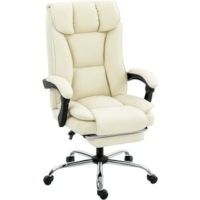 HOMCOM Ergonomische Bureaustoel met Verstelbare Rugleuning en Voetensteun, Huisdiervriendelijk Kunstleder, Dubbelgepolsterde Computerstoel, Beige HOMCOM Ergonomische Bureaustoel met Verstelbare Rugleuning en Voetensteun, Huisdiervriendelijk Kunstleder, Dubbelgepolsterde Computerstoel, Beige