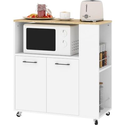 HOMCOM Keukenkarretje met wielen 75x40x80.5 cm Wit Werkblad, keukeneiland, 2 deuren, open compartiment, verstelbare plank, kruidenrek, eethoek. HOMCOM Keukenkarretje met wielen 75x40x80.5 cm Wit Werkblad, keukeneiland, 2 deuren, open compartiment, verstelbare plank, kruidenrek, eethoek.