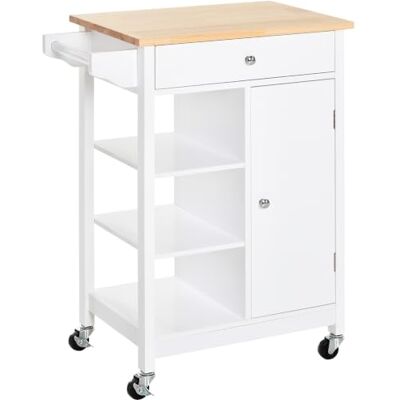 HOMCOM Keukenwagen, serveerwagen, opbergwagen op wielen met kast, lade, 3 open planken en handdoekhouder, 66 x 39,5 x 86,5 cm, wit HOMCOM Keukenwagen, serveerwagen, opbergwagen op wielen met kast, lade, 3 open planken en handdoekhouder, 66 x 39,5 x 86,5 cm, wit