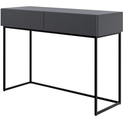 SELSEY Kaptafel Veldio 110 cm zwart met zwarte metalen poten, frezen lamellenfront, push-to-open lade, moderne vanity desk zonder spiegel, minimalistisch design, geproduceerd in Europa SELSEY Kaptafel Veldio 110 cm zwart met zwarte metalen poten, frezen lamellenfront, push-to-open lade, moderne vanity desk zonder spiegel, minimalistisch design, geproduceerd in Europa