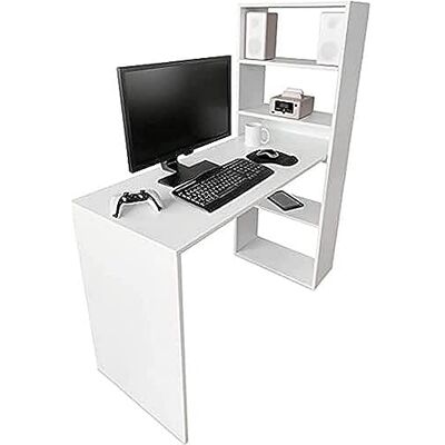 DUÉRMETE ONLINE - Bureau met plank - Omkeerbaar, Wit, 122x53.2x140cm DUÉRMETE ONLINE - Bureau met plank - Omkeerbaar, Wit, 122x53.2x140cm