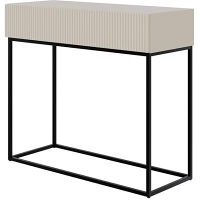 SELSEY Consoletafel Veldio 90 cm taupe grijs met lamellenfront MDF en zwarte metalen poten, moderne sidetable met push-to-open lade, elegante console tafel hal slaapkamer woonkamer, luxe design SELSEY Consoletafel Veldio 90 cm taupe grijs met lamellenfront MDF en zwarte metalen poten, moderne sidetable met push-to-open lade, elegante console tafel hal slaapkamer woonkamer, luxe design