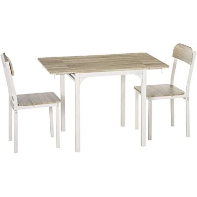 HOMCOM 3-delige eetkamerset met 2 stoelen en 1 tafel met opklapbaar tafelblad natuurstaal+wit 110 x 70 x 75 cm HOMCOM 3-delige eetkamerset met 2 stoelen en 1 tafel met opklapbaar tafelblad natuurstaal+wit 110 x 70 x 75 cm