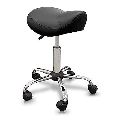 Quirumed Pony-kruk, ergonomisch, met stalen basis, kleur: zwart, met kunstleren bekleding, in hoogte verstelbaar, gevoerde zitting, draaibare wielen, tot 150 kg Quirumed Pony-kruk, ergonomisch, met stalen basis, kleur: zwart, met kunstleren bekleding, in hoogte verstelbaar, gevoerde zitting, draaibare wielen, tot 150 kg