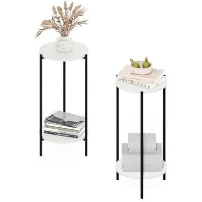 Furinno Besi 2-laags moderne hoge ronde bijzettafel met stevige metalen poten, set van 2, wit/zwart Furinno Besi 2-laags moderne hoge ronde bijzettafel met stevige metalen poten, set van 2, wit/zwart