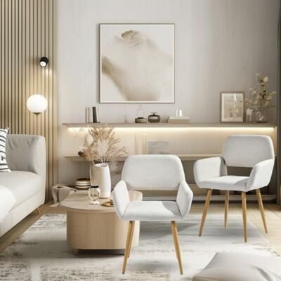 FurnitureR Set van 2 moderne eetkamerstoelen, metalen poten, open rugleuning van beige stof, Scandinavisch design voor eetkamer, slaapkamer, 56 x 53 x 80 cm FurnitureR Set van 2 moderne eetkamerstoelen, metalen poten, open rugleuning van beige stof, Scandinavisch design voor eetkamer, slaapkamer, 56 x 53 x 80 cm