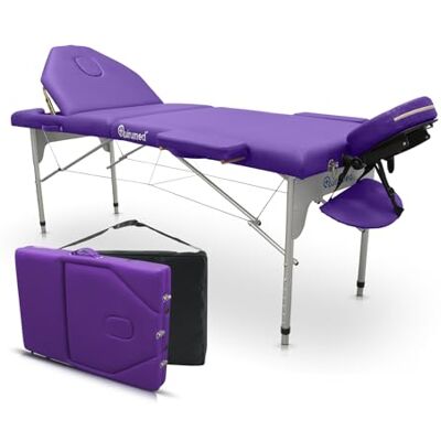 Quirumed Opvouwbare drager van aluminium PRO 186 x 66 cm met opklapbare rugleuning violet Quirumed Opvouwbare drager van aluminium PRO 186 x 66 cm met opklapbare rugleuning violet