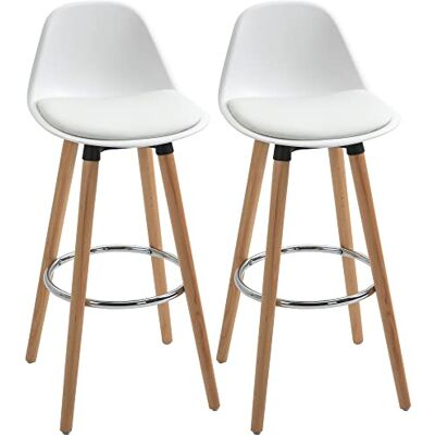 HOMCOM Barkrukken, set van 2, gevoerde barstoel met houten poten en rugleuning, keukenstoelen met voetensteun van staal, barkruk voor keuken, woonkamer, eetkamer, kunstleer, wit HOMCOM Barkrukken, set van 2, gevoerde barstoel met houten poten en rugleuning, keukenstoelen met voetensteun van staal, barkruk voor keuken, woonkamer, eetkamer, kunstleer, wit