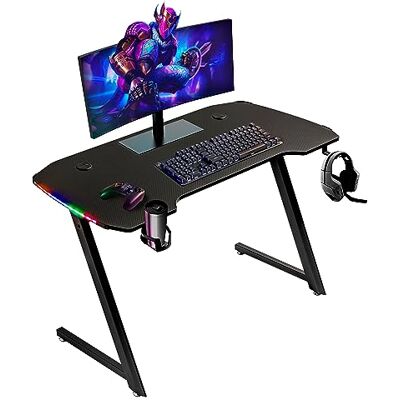 Baroni Home Ergonomisch gamingbureau met standaard en hoofdtelefoonhaak en bekerhouder, speeltafel van MDF en staal, met kleurrijke leds, 120 x 60 cm Baroni Home Ergonomisch gamingbureau met standaard en hoofdtelefoonhaak en bekerhouder, speeltafel van MDF en staal, met kleurrijke leds, 120 x 60 cm