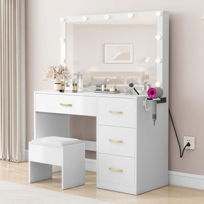 YITAHOME Make-uptafel met verstelbare ledverlichting en stopcontacten, make-uptafel met spiegel, 3 kleuren met instelbare helderheid, kaptafel met laden met kruk, wit YITAHOME Make-uptafel met verstelbare ledverlichting en stopcontacten, make-uptafel met spiegel, 3 kleuren met instelbare helderheid, kaptafel met laden met kruk, wit
