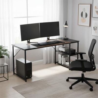 FurnitureR Groot bureau 140 cm, 2 geïntegreerde planken in hoogte verstelbaar, tafel in patchwork-design in retro bruin en zwart, robuuste structuur, ideaal voor thuiswerk, slaapkamer of FurnitureR Groot bureau 140 cm, 2 geïntegreerde planken in hoogte verstelbaar, tafel in patchwork-design in retro bruin en zwart, robuuste structuur, ideaal voor thuiswerk, slaapkamer of