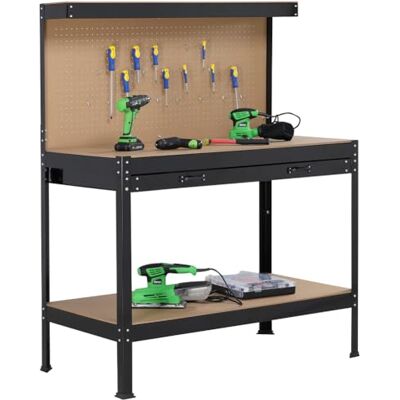 BAKAJI Werkbank werkplaats gebruiksvoorwerpenhouder toonbank structuur van metalen platen van MDF-hout met wandhaken gereedschapshouder lade en planken kleur zwart afmetingen tafel 90 x 48 x 140 cm BAKAJI Werkbank werkplaats gebruiksvoorwerpenhouder toonbank structuur van metalen platen van MDF-hout met wandhaken gereedschapshouder lade en planken kleur zwart afmetingen tafel 90 x 48 x 140 cm