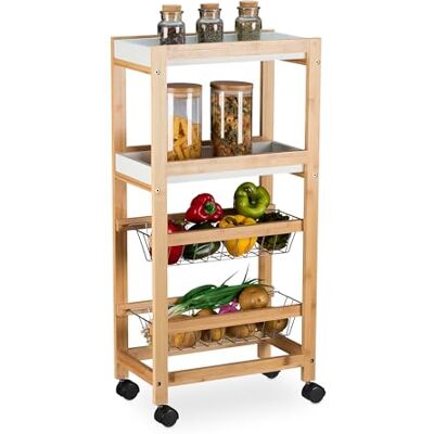 Relaxdays keukentrolley, 4 etages, smal keukenrek op wieltjes, badkamer trolley, HBD 83 x 22 x 40 cm, bamboe, natuur/wit Relaxdays keukentrolley, 4 etages, smal keukenrek op wieltjes, badkamer trolley, HBD 83 x 22 x 40 cm, bamboe, natuur/wit