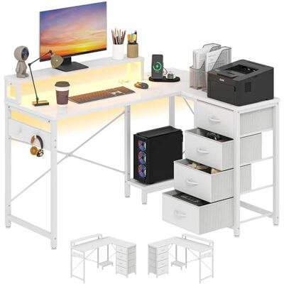 YITAHOME Multifunctioneel hoekbureau met doe-het-zelf opbergrek met 4 niveaus, 2 USB-poorten en elektrische stopcontacten voor thuis, studeerkamer, woonkamer, 130 x 100 x 75 cm, wit YITAHOME Multifunctioneel hoekbureau met doe-het-zelf opbergrek met 4 niveaus, 2 USB-poorten en elektrische stopcontacten voor thuis, studeerkamer, woonkamer, 130 x 100 x 75 cm, wit