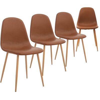 CangLong Set van 4 eetkamerstoelen, retro gestoffeerde keukenstoelen voor keuken, eetkamer, kunstleer loungestoelen met metalen poten, bruin CangLong Set van 4 eetkamerstoelen, retro gestoffeerde keukenstoelen voor keuken, eetkamer, kunstleer loungestoelen met metalen poten, bruin