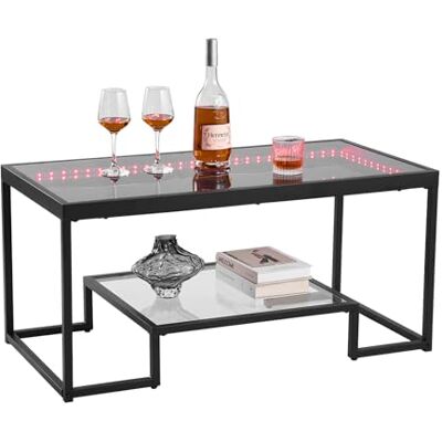 VEVOR Koffietafel, moderne salontafel van gehard glas met verlichting, 2 niveaus rechthoekig glazen middenbureau met open opslag, minimalistisch metalen accent eindbureau voor woonkamer, kantoor VEVOR Koffietafel, moderne salontafel van gehard glas met verlichting, 2 niveaus rechthoekig glazen middenbureau met open opslag, minimalistisch metalen accent eindbureau voor woonkamer, kantoor