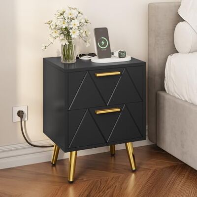 YITAHOME Nachtkastje met 2 laden, 2 USB-poorten en stopcontacten, nachtkastje met gouden metalen poten en handgrepen, bijzettafel met opbergruimte voor woonkamer, slaapkamer, 40 x 30 x 52 cm, zwart YITAHOME Nachtkastje met 2 laden, 2 USB-poorten en stopcontacten, nachtkastje met gouden metalen poten en handgrepen, bijzettafel met opbergruimte voor woonkamer, slaapkamer, 40 x 30 x 52 cm, zwart