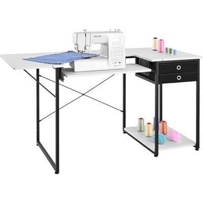 VEVOR Naaitafel, multifunctionele naaimachinetafel met opvouwbare zijplank, verstelbare plank, stalen poten, computerbureau voor thuis, modestudio, kunststudio, onderwijsinstelling, wit VEVOR Naaitafel, multifunctionele naaimachinetafel met opvouwbare zijplank, verstelbare plank, stalen poten, computerbureau voor thuis, modestudio, kunststudio, onderwijsinstelling, wit