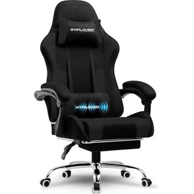 GTPLAYER Gamingstoel, bureaustoel, ergonomische pc-stoel, gamingstoel met massagesteun, taakstoelen met voetensteun en hoofdsteun, zwarte stof GTPLAYER Gamingstoel, bureaustoel, ergonomische pc-stoel, gamingstoel met massagesteun, taakstoelen met voetensteun en hoofdsteun, zwarte stof