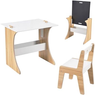 Relaxdays kinderzitgroep 2-delig met tafel en stoel, krijtbord, wit/natuur, 56x60x50 cm Relaxdays kinderzitgroep 2-delig met tafel en stoel, krijtbord, wit/natuur, 56x60x50 cm
