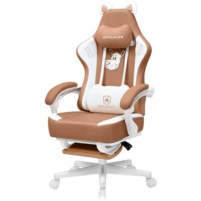 GTPLAYER Leuke gamingstoel, ergonomische bureaustoel, gamingstoel met kattenoren, traagschuim en voetensteun, 150 kg, kunstleer, bruin GTPLAYER Leuke gamingstoel, ergonomische bureaustoel, gamingstoel met kattenoren, traagschuim en voetensteun, 150 kg, kunstleer, bruin