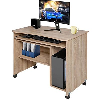 BAKAJI Pora bureau met uittrekbare toetsenbordhouder, onderste plank en vak, pc-deur van MDF-hout met 4 wielen, inrichtingsvoorwerp voor thuis, kantoor, slaapkamer, modern (eiken) BAKAJI Pora bureau met uittrekbare toetsenbordhouder, onderste plank en vak, pc-deur van MDF-hout met 4 wielen, inrichtingsvoorwerp voor thuis, kantoor, slaapkamer, modern (eiken)