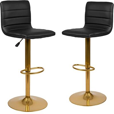 Flash Furniture Vincent Moderne zwarte vinyl verstelbare barkruk met rug, draaibare kruk in toonhoogte met gouden sokkel basis, set van 2 Flash Furniture Vincent Moderne zwarte vinyl verstelbare barkruk met rug, draaibare kruk in toonhoogte met gouden sokkel basis, set van 2