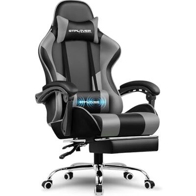GTPLAYER Gamingstoel, bureaustoel, ergonomische pc-stoel, gamingstoel met massagesteun, task stoelen met voetensteun en hoofdsteun, grijs kunstleer GTPLAYER Gamingstoel, bureaustoel, ergonomische pc-stoel, gamingstoel met massagesteun, task stoelen met voetensteun en hoofdsteun, grijs kunstleer