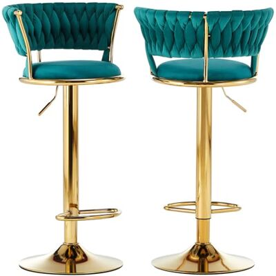 BAKAJI Set van 2 fluwelen keukenkrukken met gevlochten rugleuning en verstelbare hoogte, barstoelen, restaurant, roterend gouden frame met voetsteun, modern design (groen) BAKAJI Set van 2 fluwelen keukenkrukken met gevlochten rugleuning en verstelbare hoogte, barstoelen, restaurant, roterend gouden frame met voetsteun, modern design (groen)