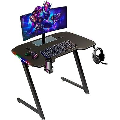 Baroni Home Ergonomisch gamingbureau met standaard en haak voor hoofdtelefoon en bekerhouder, speeltafel van MDF en staal, met kleurrijke ledlampen, 100 x 60 cm Baroni Home Ergonomisch gamingbureau met standaard en haak voor hoofdtelefoon en bekerhouder, speeltafel van MDF en staal, met kleurrijke ledlampen, 100 x 60 cm