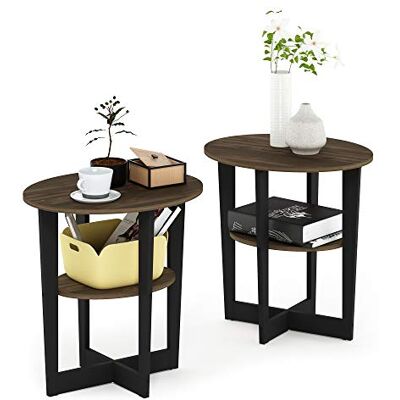 Furinno JAYA Bijzettafel Set van 2, 2-laags ronde bijzettafel met ovaal tafelblad, nachtkastje, nachtkastje met open plank, voor woonkamer, slaapkamer, Columbia Walnut Furinno JAYA Bijzettafel Set van 2, 2-laags ronde bijzettafel met ovaal tafelblad, nachtkastje, nachtkastje met open plank, voor woonkamer, slaapkamer, Columbia Walnut