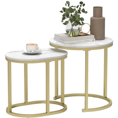 HOMCOM Set van 2 salontafels, bijzettafels, uitschuifbaar, staal, goud MDF-plaat in marmerlook, rond en ovaal HOMCOM Set van 2 salontafels, bijzettafels, uitschuifbaar, staal, goud MDF-plaat in marmerlook, rond en ovaal